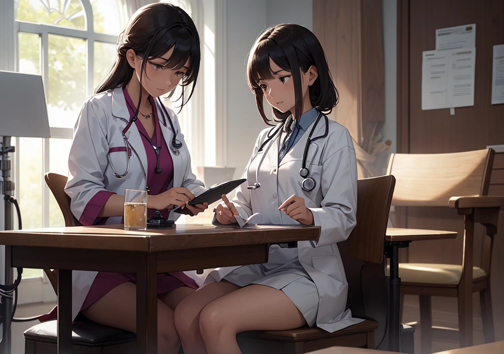 A doctor checking lilly to her treatment, lilly sat on a table as patient and a doctor checking her with a stethoscope