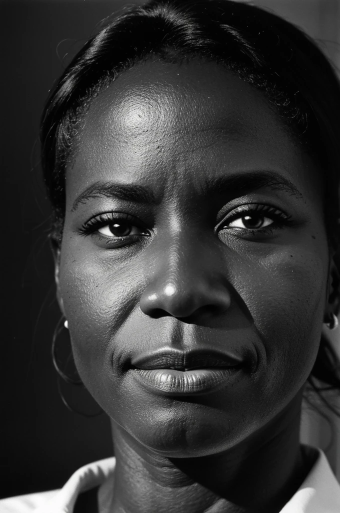 Vintage black and white photo of a 57-year-old lower-class woman with dark skin, muscular, round face and upturned nose with a mole on the left cheek in New York, dressed in 1979 style