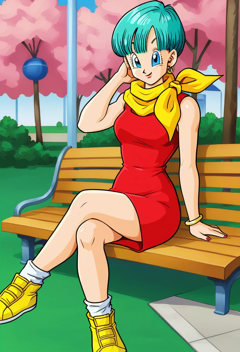 Bulma saga buu , Red dress , yellow scarf , sitting on a bench , park , crossed legs , yellow sneakers with green tips