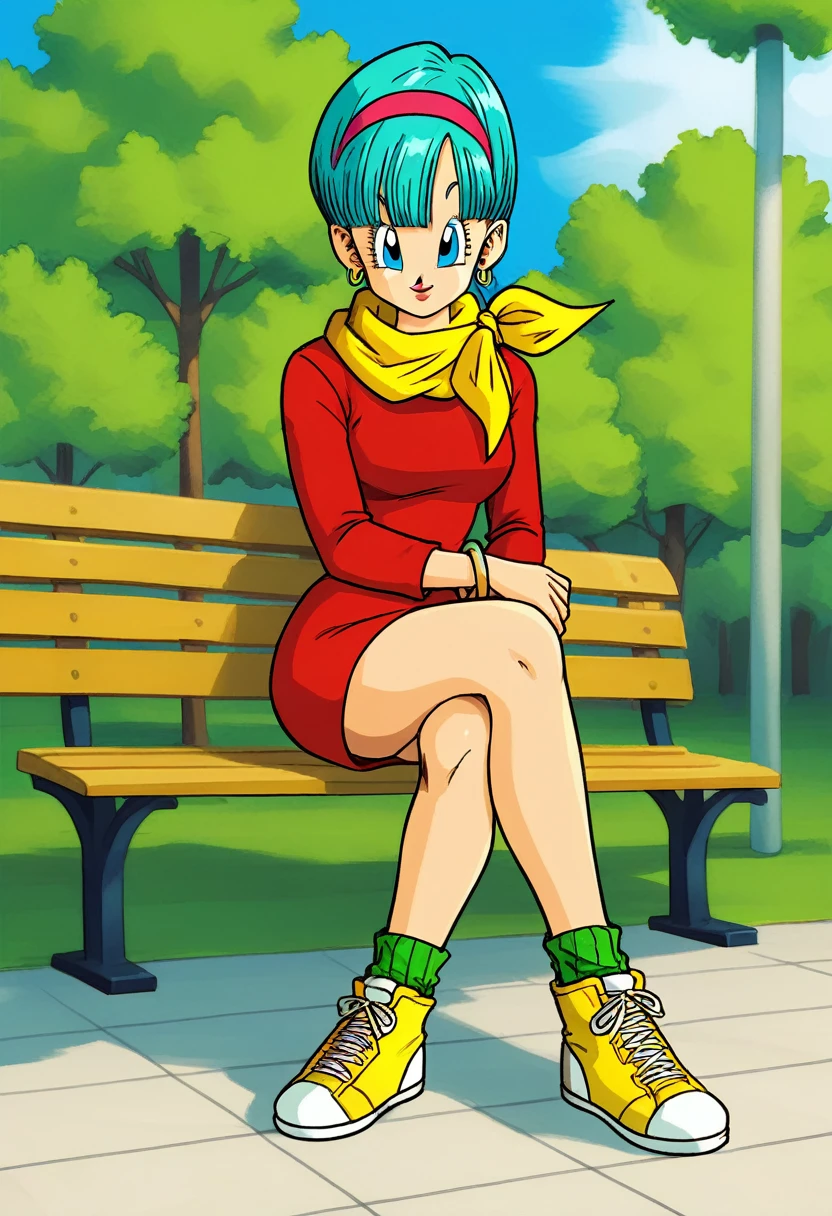 Bulma saga buu , Red dress , yellow scarf , sitting on a bench , park , crossed legs , yellow sneakers with green tips