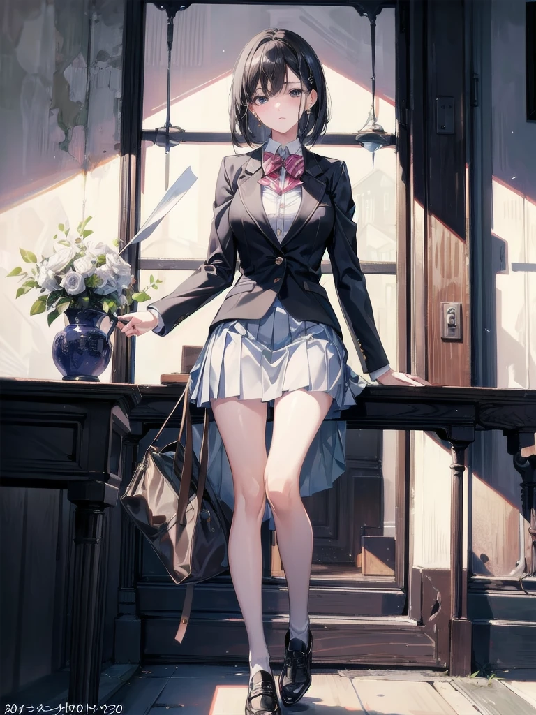 absurdres, RAW photo, extremely delicate and beautiful, masterpiece, Best Quality, ultra high resolution, 32k, hyperrealistic, ultra-detailed, in her 20s, delicate facial features, beautiful detailed girl, tearful mole, earring, medium breasts, full body shot, shorter middle hair, black hair, school_uniform, blazer,