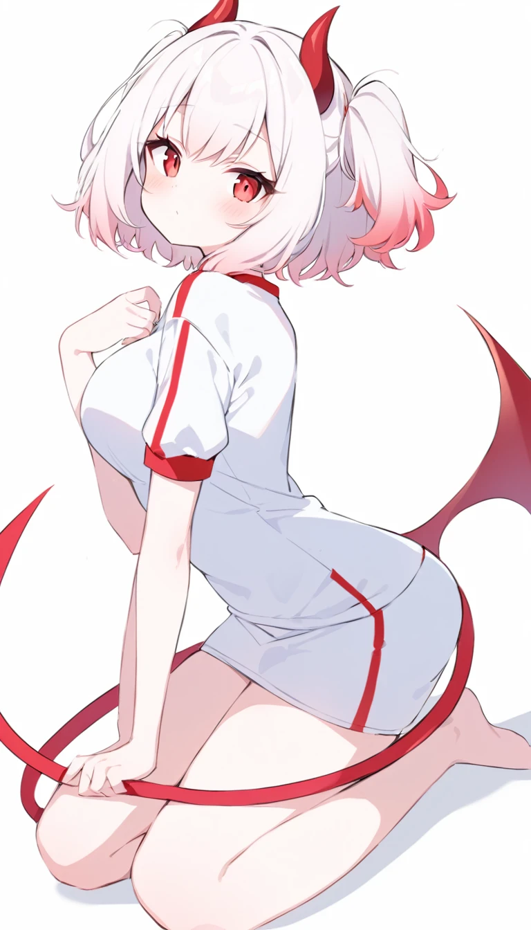 Teenage girl, devil girl, little red horns, white hair, short fluffy hair, big red eyes, pale skin, rosy cheeks, medium breasts, red cheeks, white sports shirt with a diaganal red side stripe from left to right. white background, full body