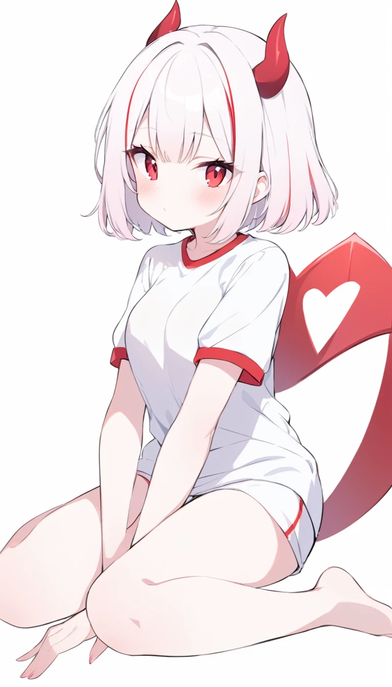 Teenage girl, devil girl, little red horns, white hair, short fluffy hair, big red eyes, pale skin, rosy cheeks, medium breasts, red cheeks, white sports shirt with a diaganal red side stripe from left to right. white background, full body