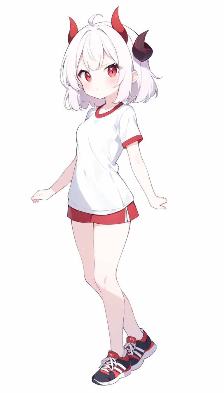 Teenage girl, devil girl, little red horns, white hair, short fluffy hair, big red eyes, pale skin, rosy cheeks, medium breasts, red cheeks, white sports shirt with a diaganal red side stripe from left to right. white background, full body