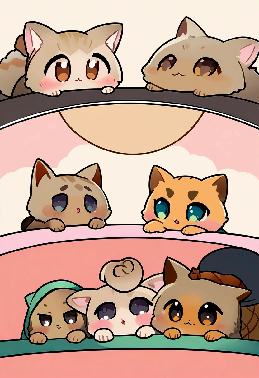 List of illustrations of cute tortoiseshell cat poses, chibi characters, display several side by side, cute colors and poses, best image quality