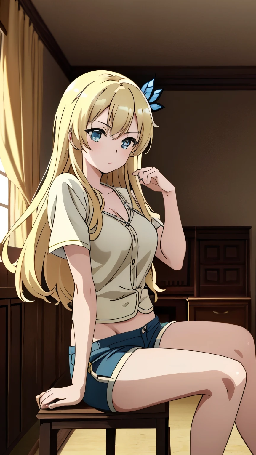 (masterpiece, best quality, 8k:1.2), (anime), sena, long hair, Blonde, hair ornament, glamour, Large medium breasts, (Underwear, shorts, natural, room, relaxing), dynamic angle
