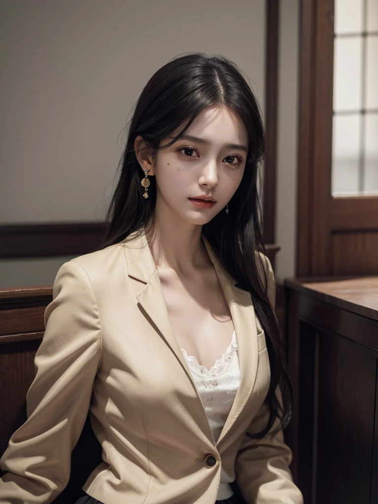 absurdres, RAW photo, extremely delicate and beautiful, masterpiece, Best Quality, ultra high resolution, 32k, hyperrealistic, ultra-detailed, in her 20s, delicate facial features, beautiful detailed girl, tearful mole, earring, medium breasts, full body shot, shorter middle hair, black hair, school_uniform, blazer,