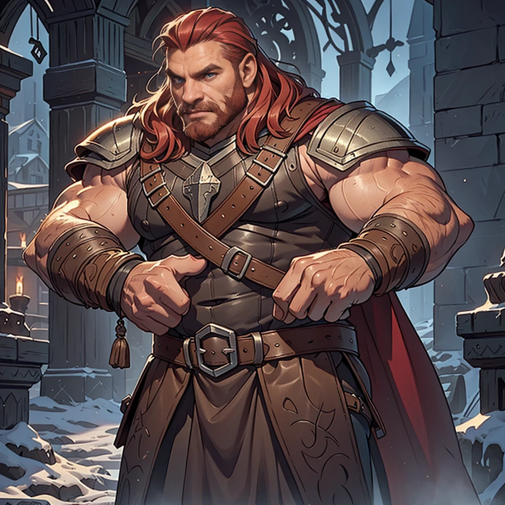 a muscular and attractive 40-year-old red-haired viking man, detailed facial features, beautiful eyes, full lips, chiseled jawline, imposing medieval armor, detailed metal textures, leather straps, intricate designs, epic heroic pose, vivid colors, dramatic lighting, cinematic composition, masterpiece, photorealistic, hyper detailed, concept art style