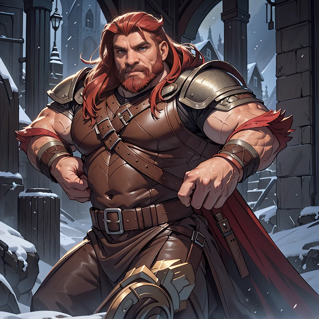 a muscular and attractive 40-year-old red-haired viking man, detailed facial features, beautiful eyes, full lips, chiseled jawline, imposing medieval armor, detailed metal textures, leather straps, intricate designs, epic heroic pose, vivid colors, dramatic lighting, cinematic composition, masterpiece, photorealistic, hyper detailed, concept art style