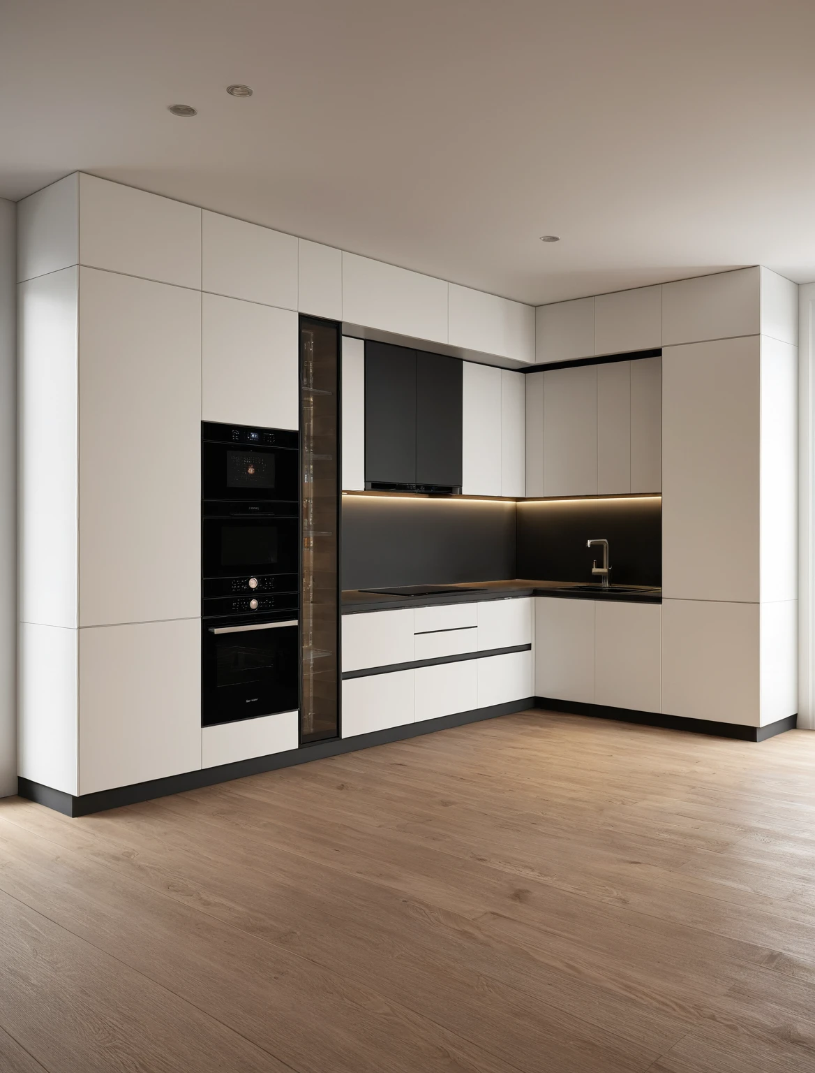 Raw photo,Masterpiece, high quality, best quality, authentic, super detail, interior , sunset, daylight, Kitchen Cabinets style modern, Induction cooker, sink, faucet, oven, built-in microwave, wooden floor, hood, wine cabinet, (black and white tones)