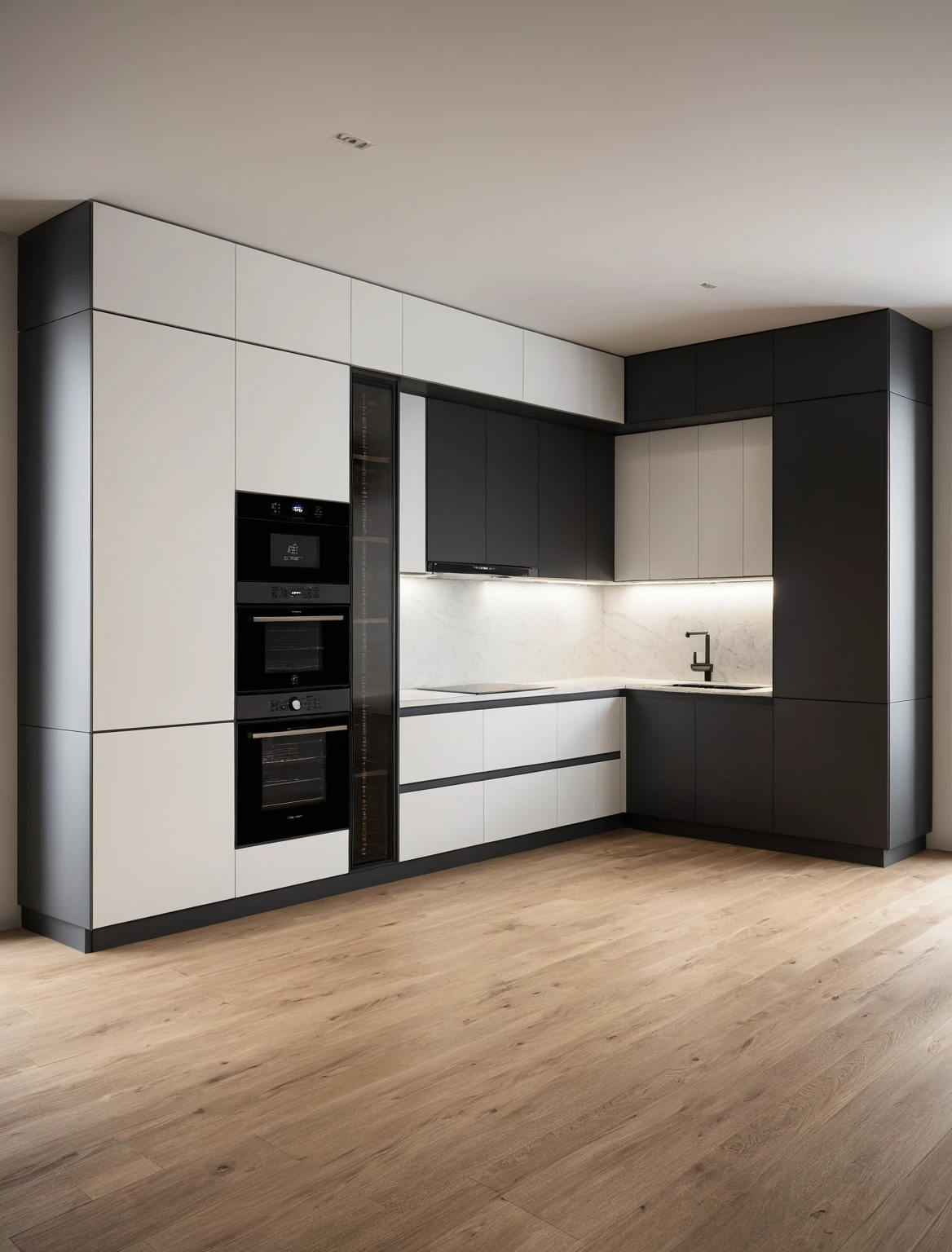 Raw photo,Masterpiece, high quality, best quality, authentic, super detail, interior , sunset, daylight, Kitchen Cabinets style modern, Induction cooker, sink, faucet, oven, built-in microwave, wooden floor, hood, wine cabinet, (black and white tones)