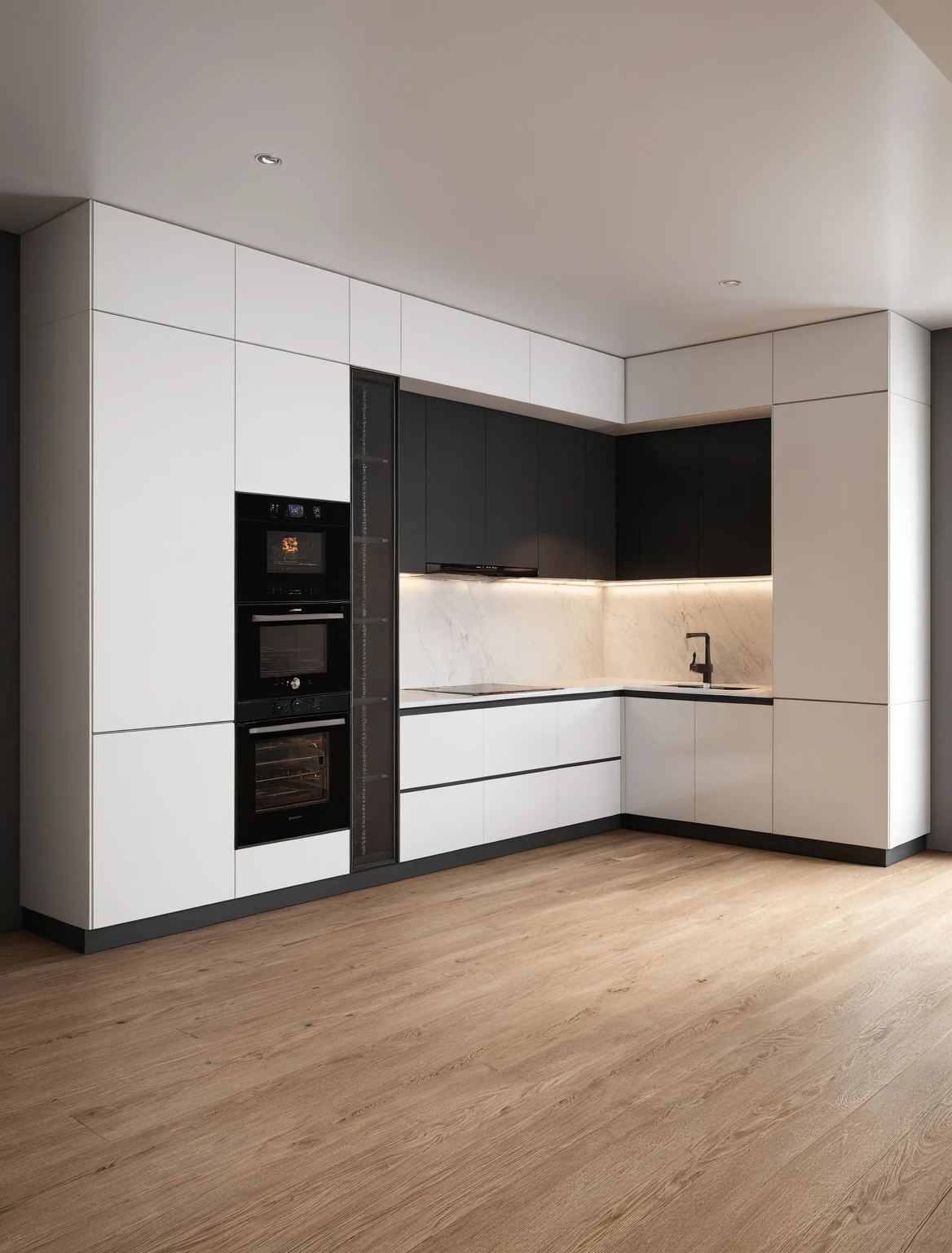 Raw photo,Masterpiece, high quality, best quality, authentic, super detail, interior , sunset, daylight, Kitchen Cabinets style modern, Induction cooker, sink, faucet, oven, built-in microwave, wooden floor, hood, wine cabinet, (black and white tones)