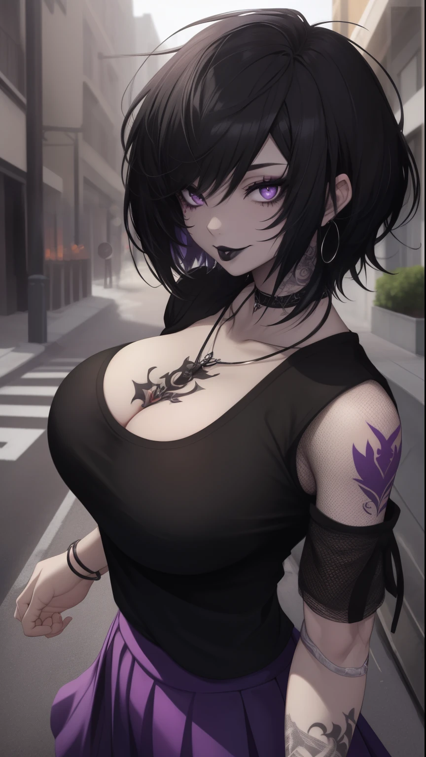 1gurk, emo, black hair, short emo_hairstyle, big breasts, solid black t shirt, mesh sleeves, necklace, black lipstick, black lips, street, purple ruffle skirt, tattoos, pale skin