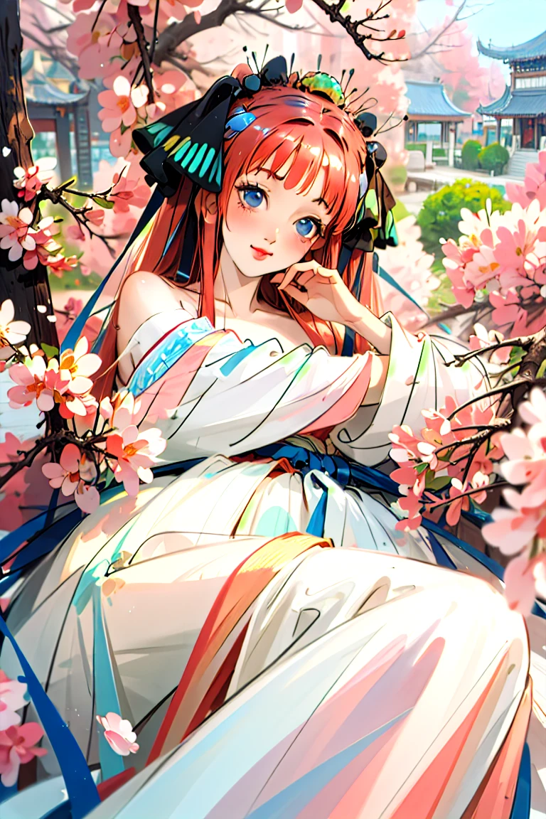 Best quality, masterpiece, ultra high res, (photorealistic:1.4), raw photo, 1girl, white dress, off shoulder, blossom flower field, glowing skin, light smile, nino nakano, pink red long hair, shoulder, blue eyes, hair ribbons, full body, laying down among flowers, chinese princess, hair buns