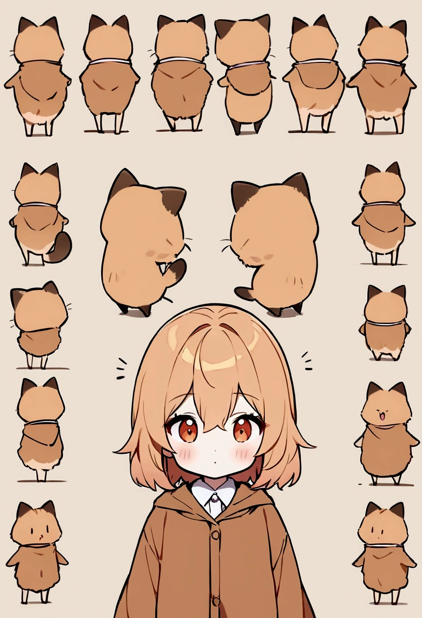 List of illustrations of cute tortoiseshell cat poses, chibi characters, display several side by side, cute colors and poses, best image quality