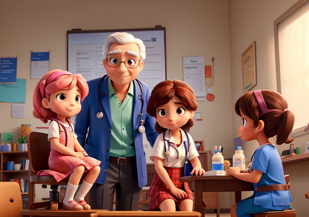 A doctor checking lilly to her treatment, lilly sat on a table as patient and a doctor checking her with a stethoscope
