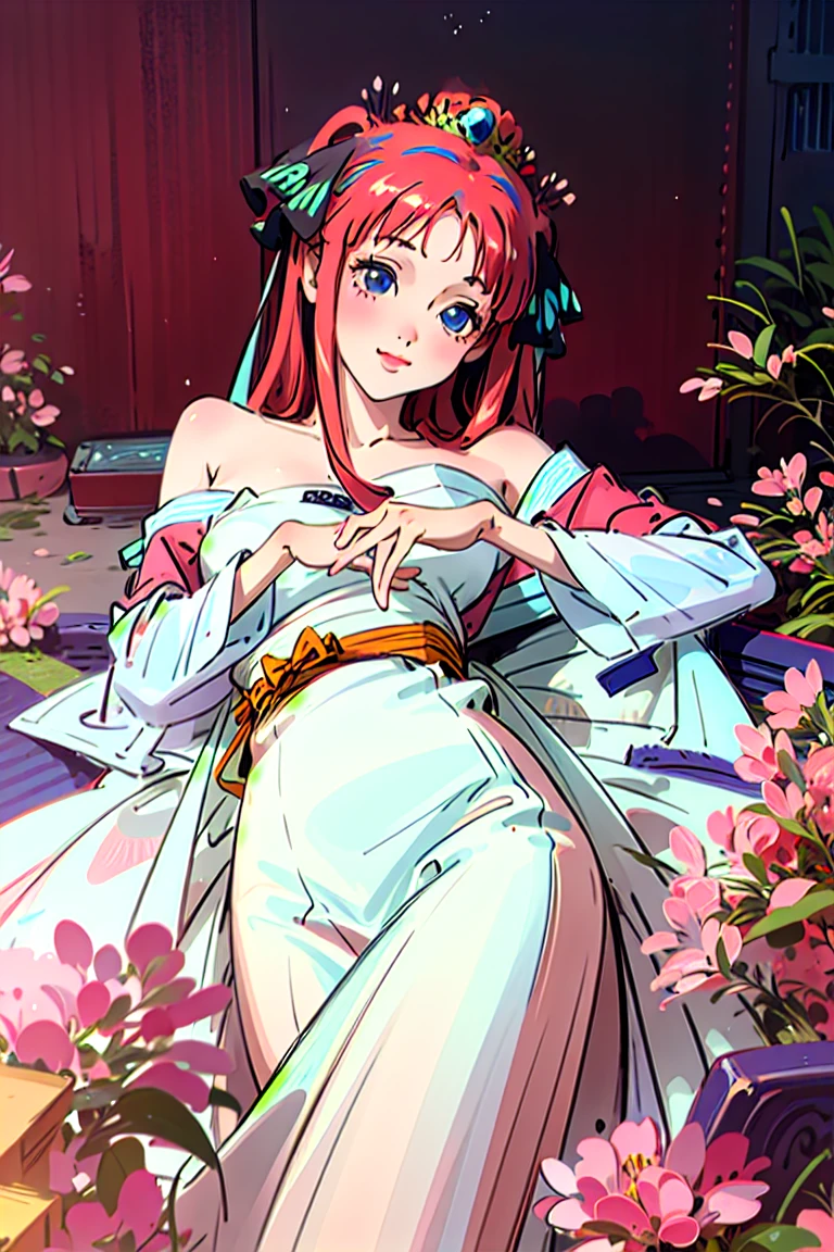 Best quality, masterpiece, ultra high res, (photorealistic:1.4), raw photo, 1girl, white dress, off shoulder, blossom flower field, glowing skin, light smile, nino nakano, pink red long hair, shoulder, blue eyes, hair ribbons, full body, laying down among flowers, chinese princess, hair buns