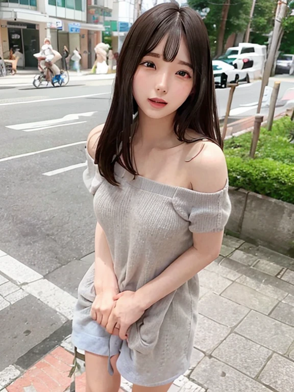 whole body、Nude,Sexy and firm super small breasts、Sexy cute looks and cute 15 year old beautiful girl, Beautiful and sexy face、A strong wind blows my hair in front of my face、Beautiful long straight greyish-beige hair with beautiful, cute and sexy eyes hidden by long bangs、Completely naked、See-through,Light blue eyes、Shorts、Off the shoulder、White knit dress、bent over、bowing、