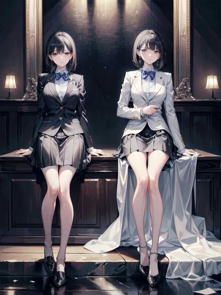 absurdres, RAW photo, extremely delicate and beautiful, masterpiece, Best Quality, ultra high resolution, 32k, hyperrealistic, ultra-detailed, in her 20s, delicate facial features, beautiful detailed girl, tearful mole, earring, medium breasts, full body shot, shorter medium hair, black hair,  school_uniform, blazer,