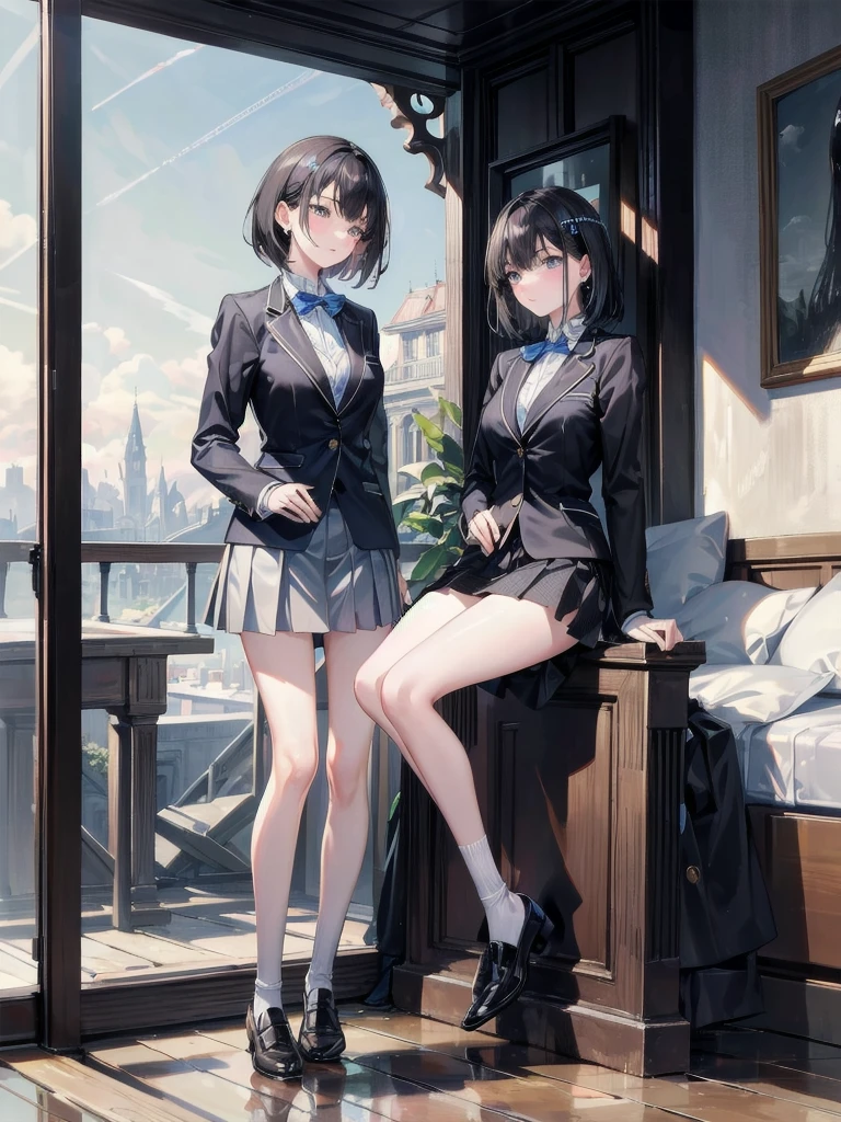 absurdres, RAW photo, extremely delicate and beautiful, masterpiece, Best Quality, ultra high resolution, 32k, hyperrealistic, ultra-detailed, in her 20s, delicate facial features, beautiful detailed girl, tearful mole, earring, medium breasts, full body shot, shorter medium hair, black hair, school_uniform, blazer,