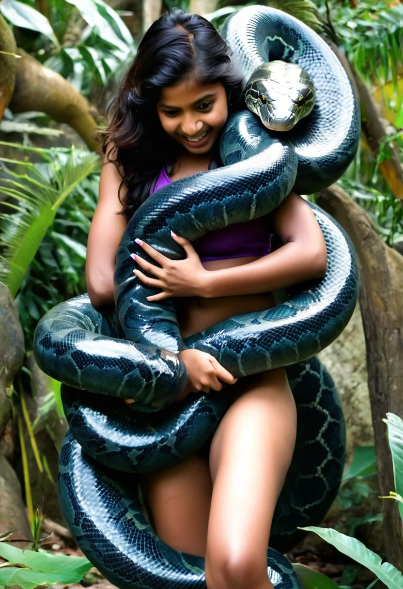 Happy Horny, aroused 1girl), beautiful Indian young girl with giant colossal Kaa monster squeezing her hard, wrapped in thick spiraling coils, constricted, struggle, gasping for air, snake attack, snake peril,