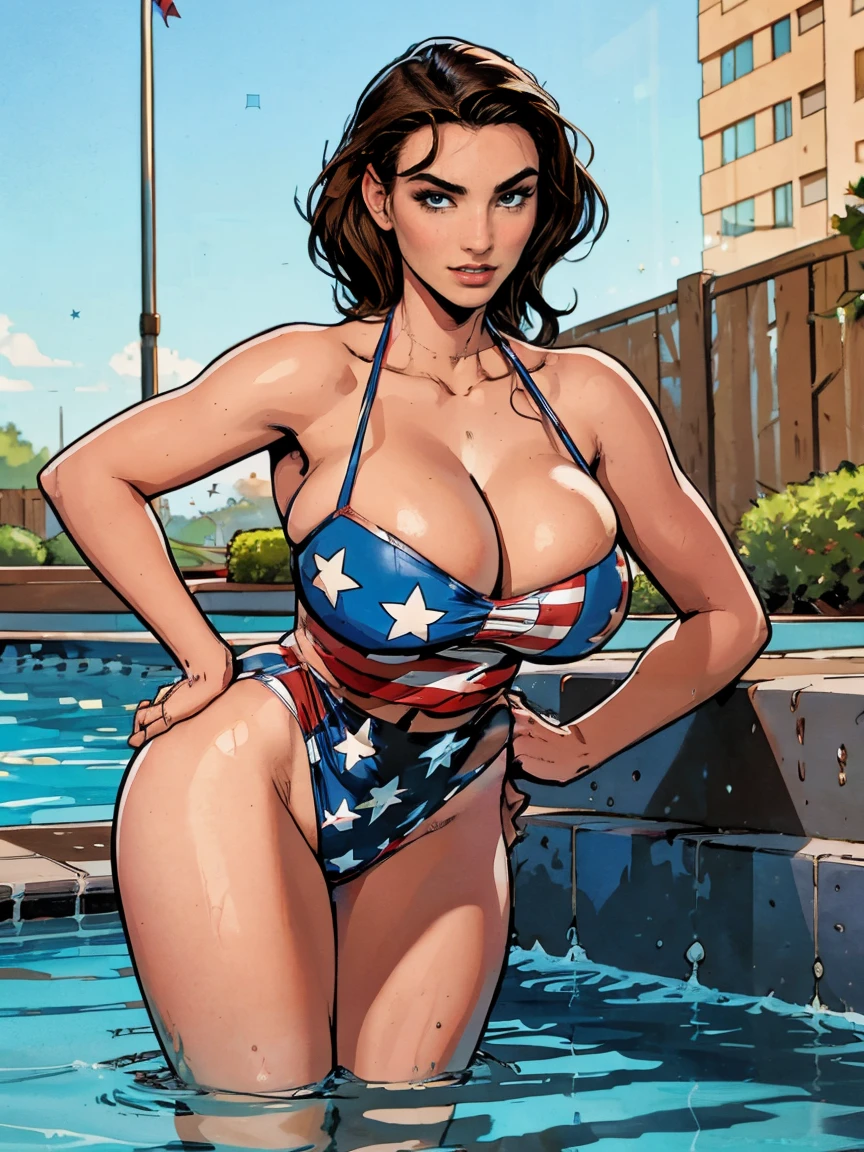 Gorgeous and sultry busty athletic (thin) brunette (smirking) with sharp facial features and a ((long), slicked-back hair) and (huge , long legs) wearing a star-spangled American flag print bikini, Americana, swimming pool.