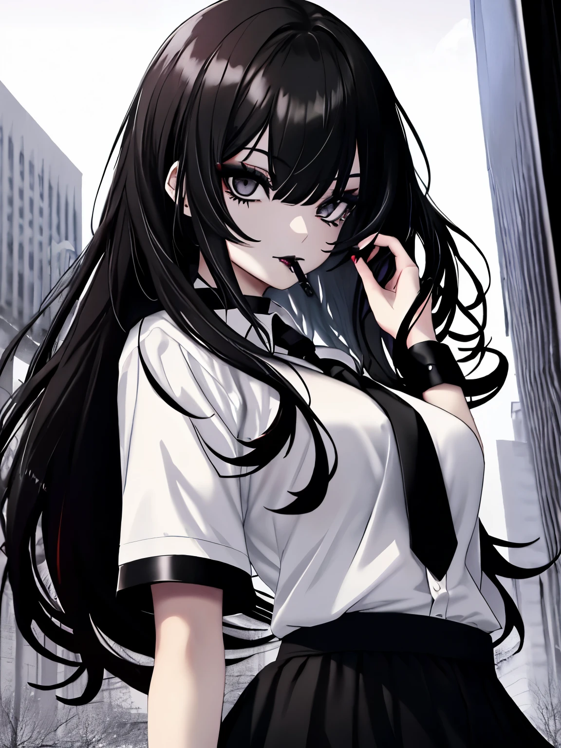 1girl, outdoors, white shirt, short sleeves, black tie, black hair, long hair, bangs, black skirt, looking at viewer. black eyes, eyeliner, goth, black lipstick, black lips