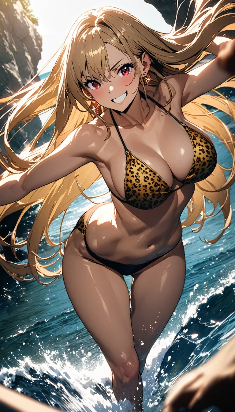 masterpiece, super fine illustration, best quality, light particles, ultra-detailed, 8K wallpaper, (bright colors:1.2), (adult woman), erotic body, (big breasts), ((blonde long hair)), twintail, two side up hair, scrunchie, disheveled hair, shiny hair, (beautiful green eyes, shiny eyes,), (Big eyes), (dark tan skin:1.3), shiny skin, oily skin, seductive smile, (heart), (blush), (leopard pattern bikini, nipple), ((bottomless)), (vaginal penis), (man),(missionary position:1.2), hetero, man in below, (intense sex:1.6), (cum out), (ass pov), outdoor, beach, sea, sunlight, nsfw,((Ahegao))、((Heart Pupil))、((Trembling with sexual climax))、((Sticking out tongue))、Opening his mouth wide、Drooling、Sweat