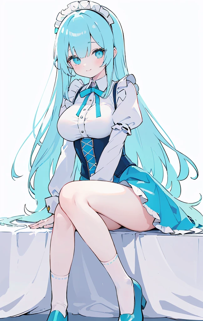 (long beautiful cyany hair) cyan eyes, (Eyes behind long bangs) big breasts, Sitting pose using accessories (using socks) perfect shiny beautiful cyan shoes (Wearing luxurious palace maid clothes Perfect perfect noble) Pose facing sideways (Girl1, straight hair not too long, bangs covering one eye, soft face, gentle smile) long hair, beautiful cyan eyes (Sitting pose, right hand down, left hand down, leaning pose, smile kawai, (blank white background) Wearing a blue corset, (Using a beautiful bright blue ribbon) Kawai shy cute eyes (cyan colored shoes must be shiny, Must wear short white socks)