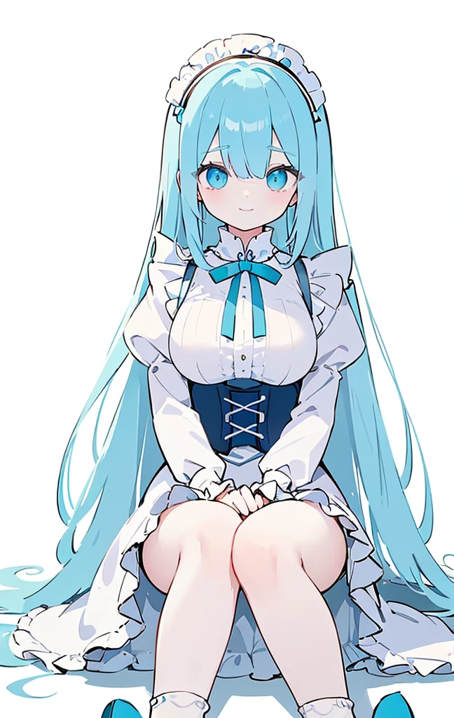(long beautiful cyany hair) cyan eyes, (Eyes behind long bangs) big breasts, Sitting pose using accessories (using socks) perfect shiny beautiful cyan shoes (Wearing luxurious palace maid clothes Perfect perfect noble) Pose facing sideways (Girl1, straight hair not too long, bangs covering one eye, soft face, gentle smile) long hair, beautiful cyan eyes (Sitting pose, right hand down, left hand down, leaning pose, smile kawai, (blank white background) Wearing a blue corset, (Using a beautiful bright blue ribbon) Kawai shy cute eyes (cyan colored shoes must be shiny, Must wear short white socks)
