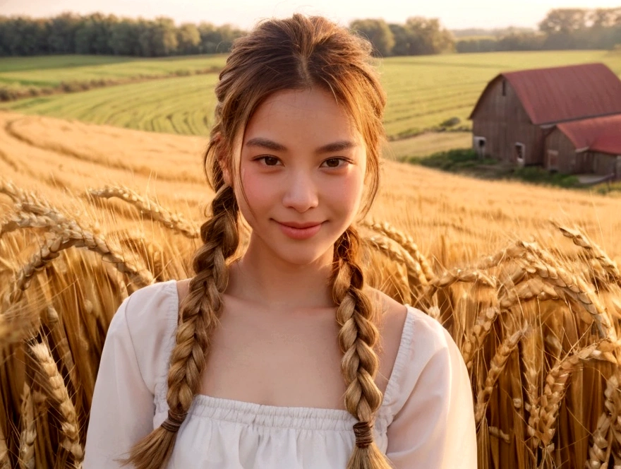 1girl,((stu_nednaree)), with braided hair, standing in a rustic farm setting. She has a soft, gentle smile and expressive eyes. The background features a charming barn, (fields of golden wheat), and a clear blue sky. The composition should be bathed in the warm, golden hour light, with a gentle depth of field and soft bokeh to accentuate the pastoral serenity. Capture the image as if it were taken on an old-school 35mm film for added charm, filmg