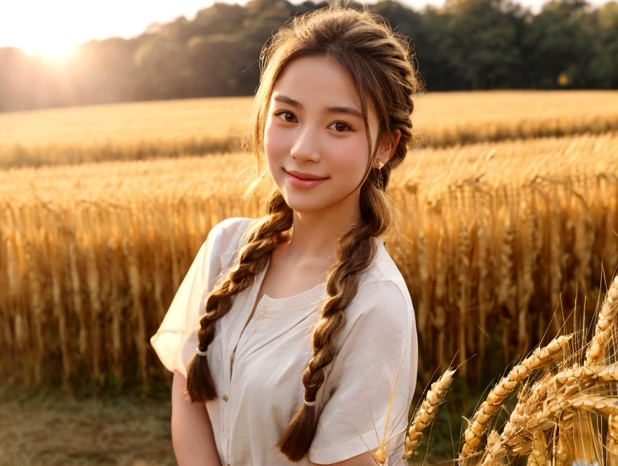 1girl,((stu_nednaree)), with braided hair, standing in a rustic farm setting. She has a soft, gentle smile and expressive eyes. The background features a charming barn, (fields of golden wheat), and a clear blue sky. The composition should be bathed in the warm, golden hour light, with a gentle depth of field and soft bokeh to accentuate the pastoral serenity. Capture the image as if it were taken on an old-school 35mm film for added charm, filmg