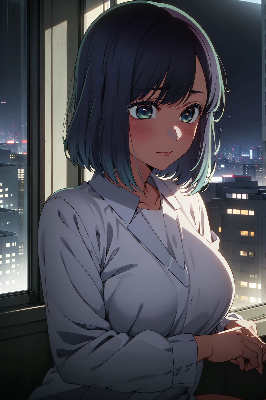 akane kurokawa,naked,rock,Blue Hair,naked,hot,sexy,beautiful,Perfect body,One Girl,big ,masterpiece,Perfect Face,Expressive Face,naked,night、Lying on a bed by the window in a high-rise building,Atmospheric lighting、Sad face