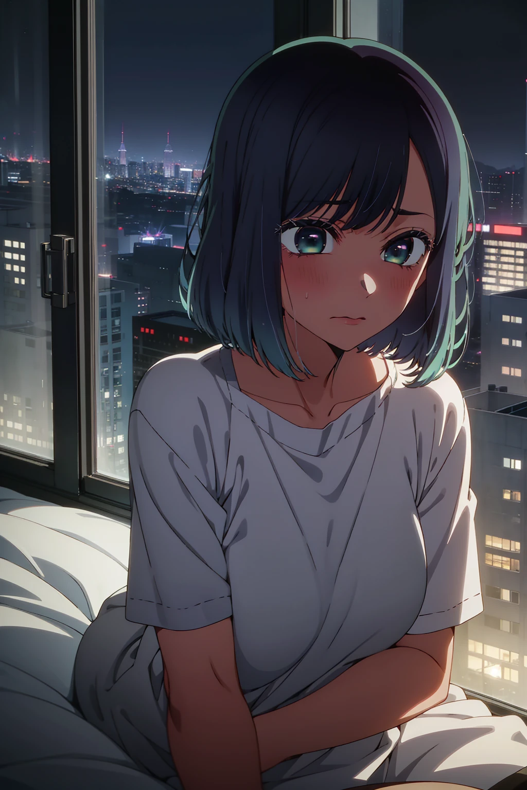 akane kurokawa,naked,rock,Blue Hair,naked,hot,sexy,beautiful,Perfect body,One Girl,big ,masterpiece,Perfect Face,Expressive Face,naked,night、Lying on a bed by the window in a high-rise building,Atmospheric lighting、Sad face