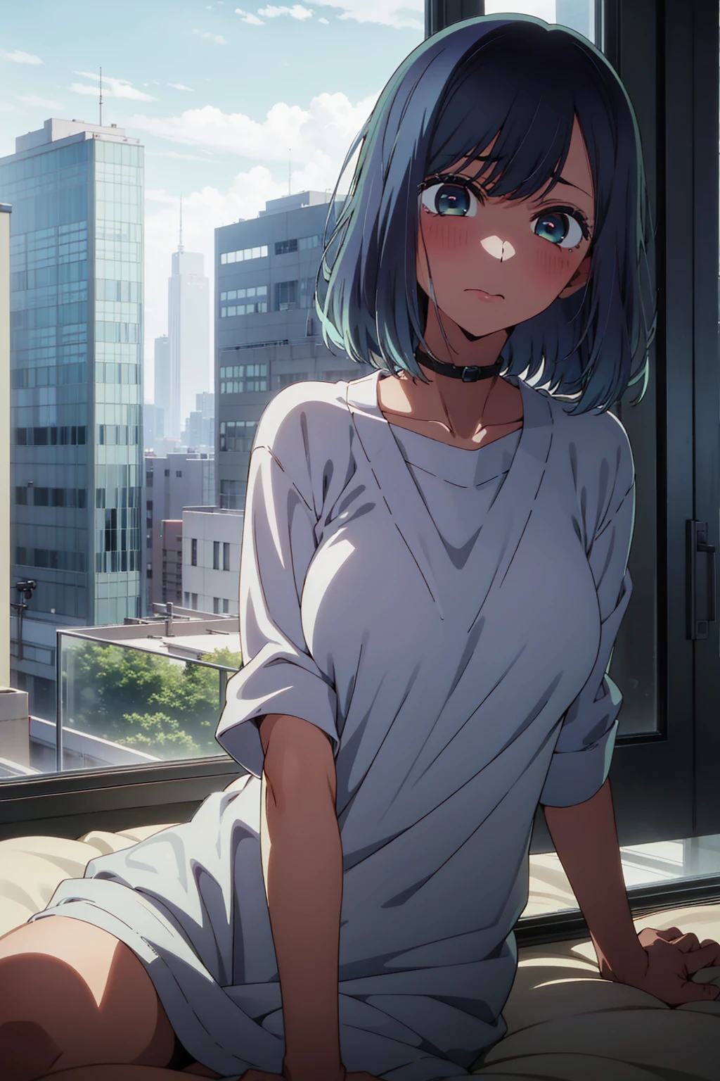 akane kurokawa,naked,rock,Blue Hair,naked,hot,sexy,beautiful,Perfect body,One Girl,big ,masterpiece,Perfect Face,Expressive Face,naked,night、Lying on a bed by the window in a high-rise building,Atmospheric lighting、Sad face