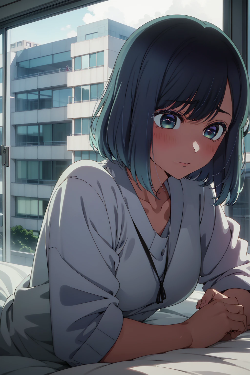 akane kurokawa,naked,rock,Blue Hair,naked,hot,sexy,beautiful,Perfect body,One Girl,big ,masterpiece,Perfect Face,Expressive Face,naked,night、Lying on a bed by the window in a high-rise building,Atmospheric lighting、Sad face