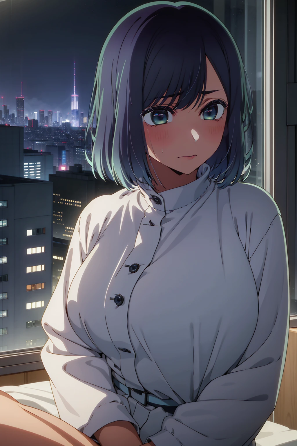 akane kurokawa,naked,rock,Blue Hair,naked,hot,sexy,beautiful,Perfect body,One Girl,big ,masterpiece,Perfect Face,Expressive Face,naked,night、Lying on a bed by the window in a high-rise building,Atmospheric lighting、Sad face