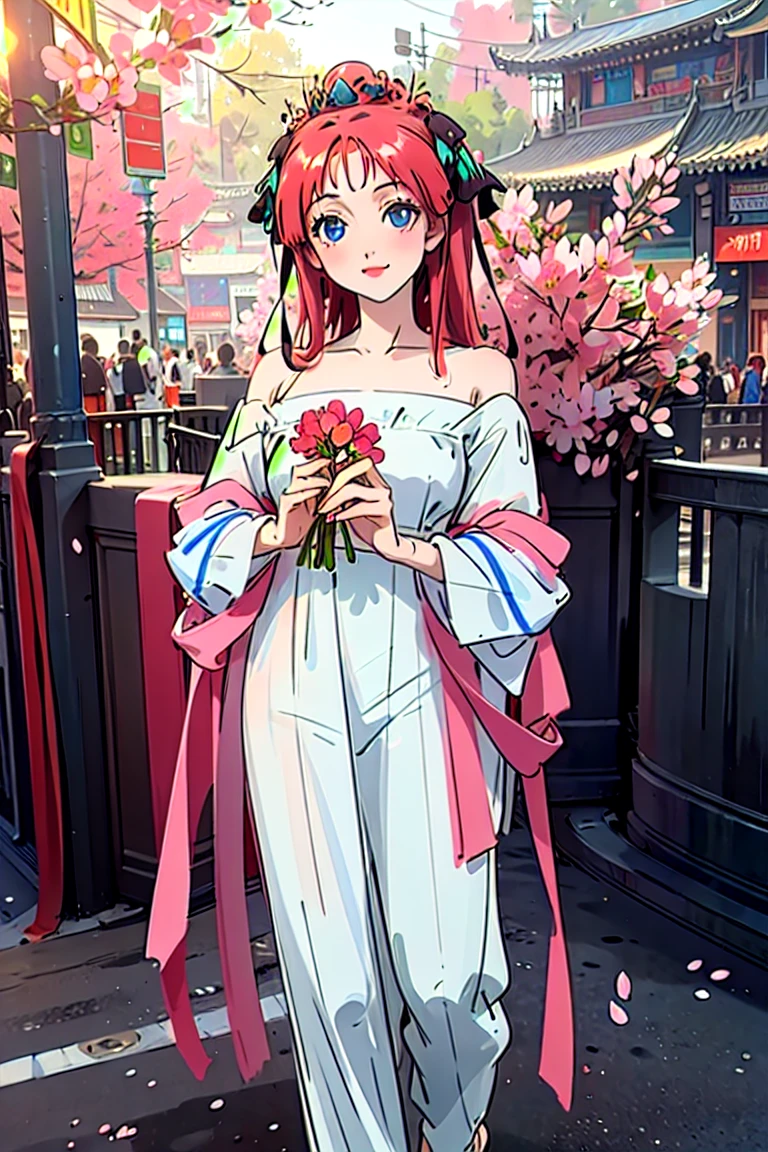 Best quality, masterpiece, ultra high res, (photorealistic:1.4), raw photo, 1girl, white dress, off shoulder, blossom flower field, glowing skin, light smile, nino nakano, pink red long hair, shoulder, blue eyes, hair ribbons, full body, among flowers, chinese princess, hair buns