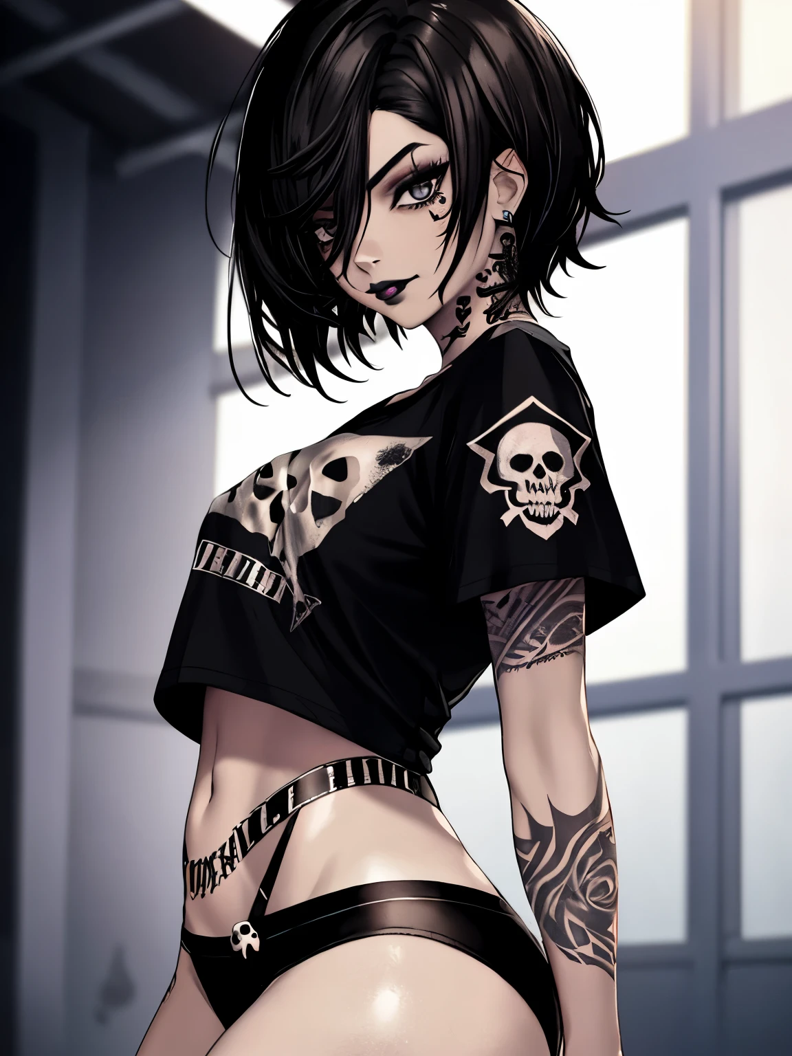 1girl, tomboy, black hair, side-swept pixie hair, cropped shirt, short sleeves, black thong, black lips, black lipstick, skinny, skull print, indoors, tattoos, arm tattoos, looking at viewer, hourglass figure, pale skin