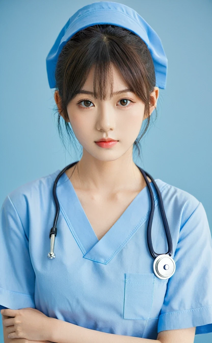Realistic,Japanese young idol one girl portrait,nurse,Wearing a blue doctor's uniform with a collar,Please laugh,Clean atmosphere,Simple light blue background,Tilting face,Popular Korean makeup,Beautiful fingers,photoRealistic,smile