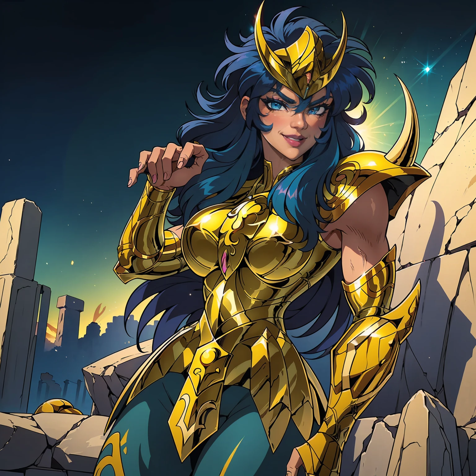 Scorpio Gold Armor, ((Messy hair, blue hair, glowing blue eyes, lipstick, makeup, narrow waist, skinny, medium breasts, alone)), pelvic curtain, ((scorpioarmor, armor,golden shinning armor, reflection armor, helmet)), full body, perfect body, (insanely detailed, beautiful detailed face, masterpiece, best quality) , (((solo))), (((1girl))), (((mature))), (extremely detailed 8k paper CG wall unit: 1.1), (greek ruins background, dusk), (smile face for the viewer),