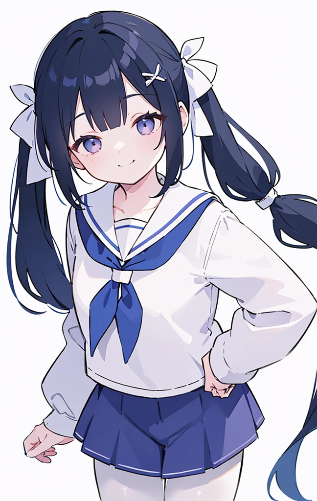 highres,ultra detailed,1girl,ponto nei,black hair,hair ribbon,hair ribbon,blue hair,grey eyes,low twintails,hair ornament,skin fang,sailor collar,neckerchief,white pantyhose,blue shorts,purple jacket,white background,smile,closed eyes,bent over,