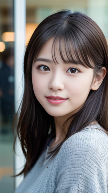 (8K, RAW Photos, Highest quality, masterpiece:1.3), (Realistic, photo-Realistic:1.4), (Highly detailed 8K wallpaper), Sharp focus, Written boundary depth, extreme close-up shot,
Japanese Idols,very cute,(Baby Face),sweater, Look at us and laugh, Upper Body, Highly detailed face and eyes,((Shiny skin:1.2)), Cinema Lighting, Soft Light, Blur the background, Bokeh,(office, Modern, stylish, Glass Wall, Open space:1.2)