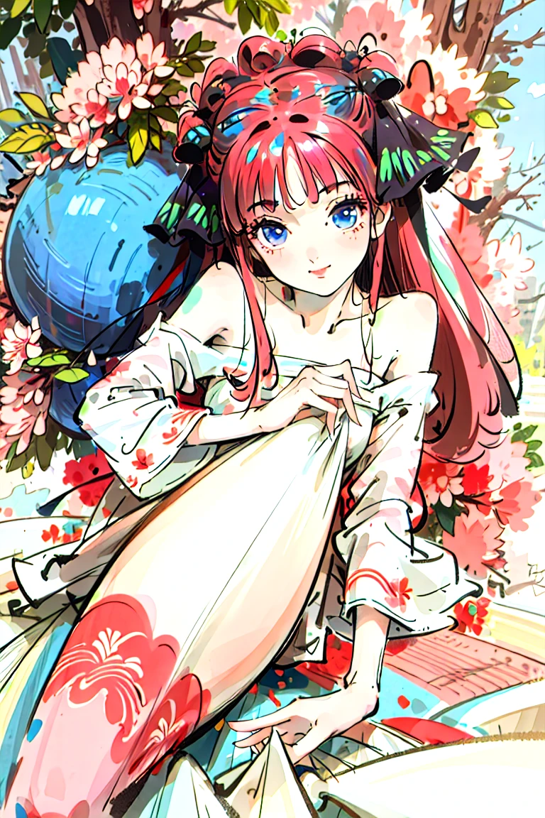 Best quality, masterpiece, ultra high res, (photorealistic:1.4), raw photo, 1girl, white dress, off shoulder, blossom flower field, glowing skin, light smile, nino nakano, pink red long hair, shoulder, blue eyes, hair ribbons, full body, laying down among flowers, chinese princess, hair buns