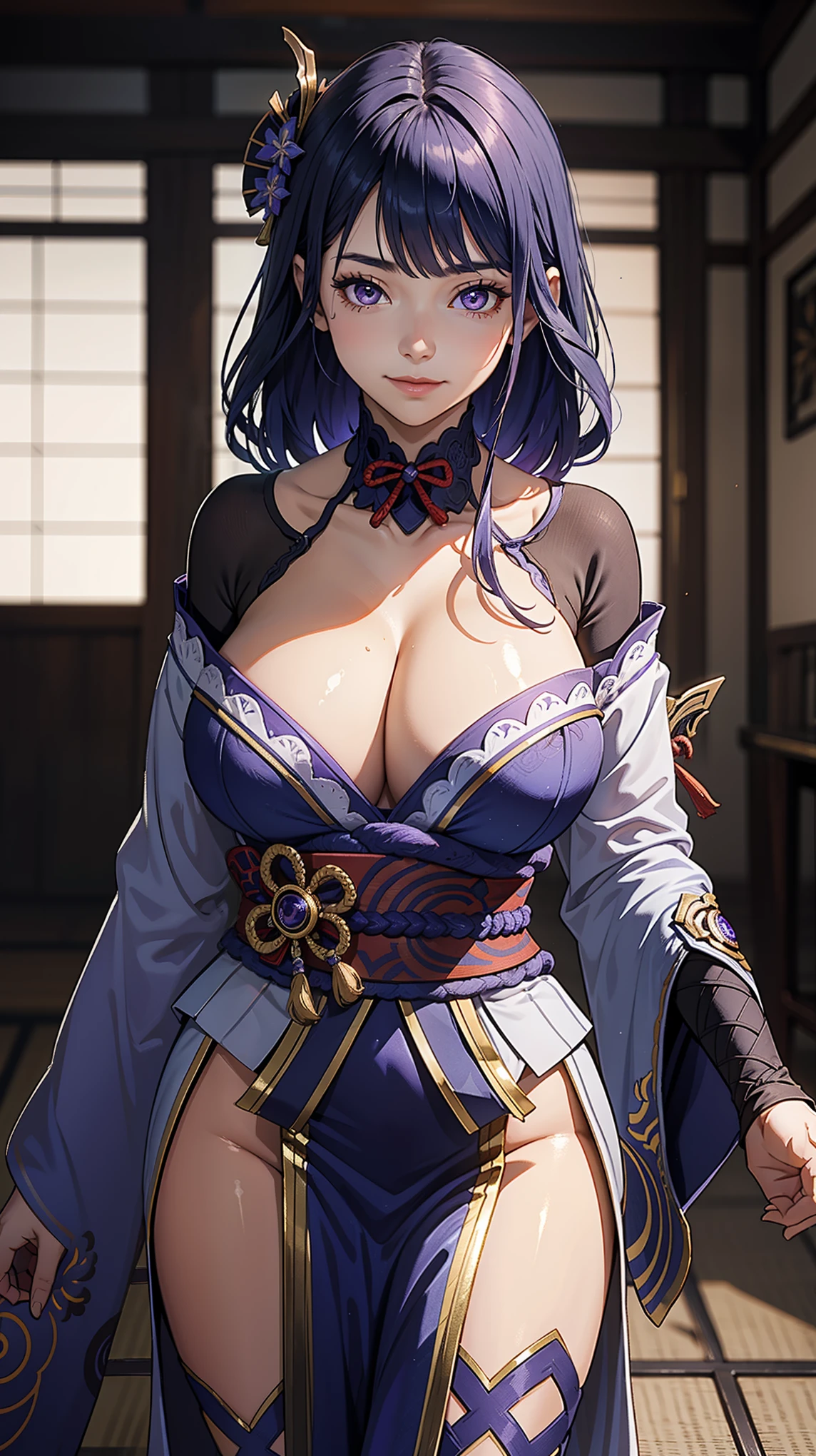 Raidenshogundef,alone, masterpiece,huge breast, looking at viewer, detail eyes, (detail face:1.2), standing,  (front view), looking at viewer, smile, perfect breast, indoors,