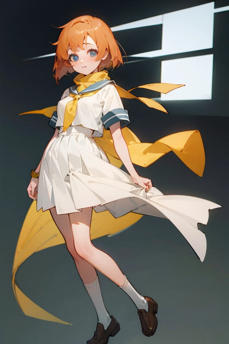 One girl，Beautiful viewasterpiece、Highest quality)，Short Hair,Orange Hair，Light blue sailor suit，Yellow scarf，，Short sleeve，Blue eyes，White socks，whole body，loafers