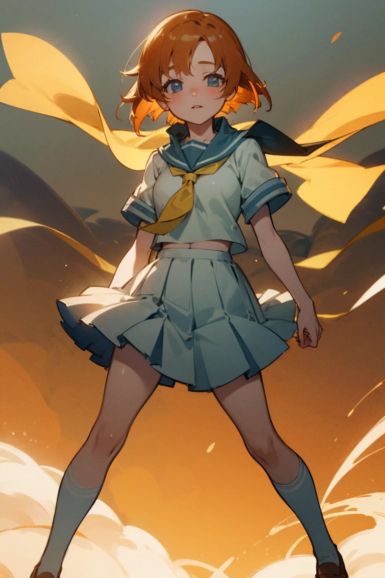 One girl，Beautiful viewasterpiece、Highest quality)，Short Hair,Orange Hair，Light blue sailor suit，Yellow scarf，，Short sleeve，Blue eyes，White socks，whole body，loafers