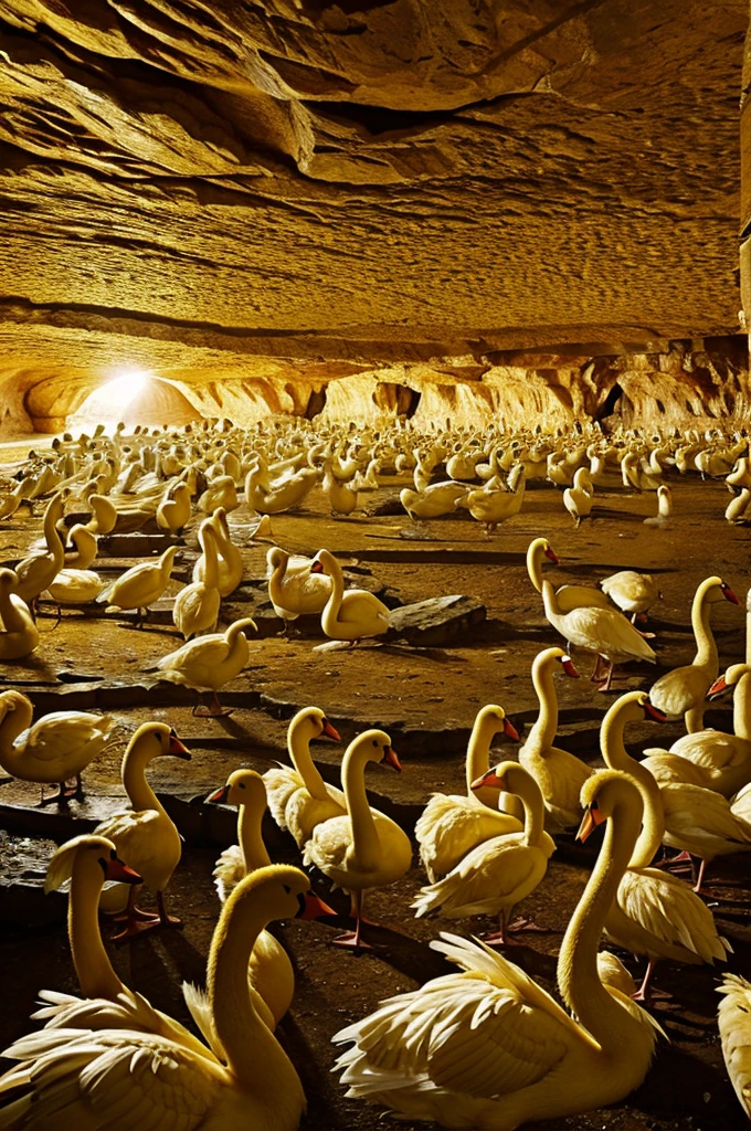 Golden background, golden feathered Suwan swan animals in the underground cave.