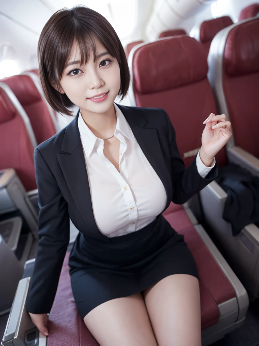 1 female, 40 years、very detailed顔、lip details、detailed eye、double eyelid、(black bob hair、Like an airplane stewardess々please do a good job)、(stewardess uniform:1.2)、(glamorous body)、(big breasts)、smile、thighs thighs thighs, Exactly, perfect image realism, With background: (airplane business class aisle:1.2), cowboy shot, detailed background, detailed costume, perfect lighting、hyper realism、(Photoreal:1.4)、8K maximum resolution, (masterpiece), very detailed, Professional