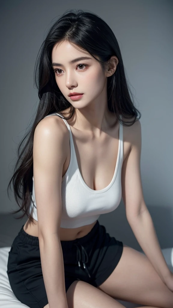 Quiet，Light makeup，Sexy，Peerless Beauty，Intellectual，clavicle，Neat long hair，Black Hair，Delicate face，Exquisite facial features，Natural expression，Natural eyes，sexy blue sports shorts